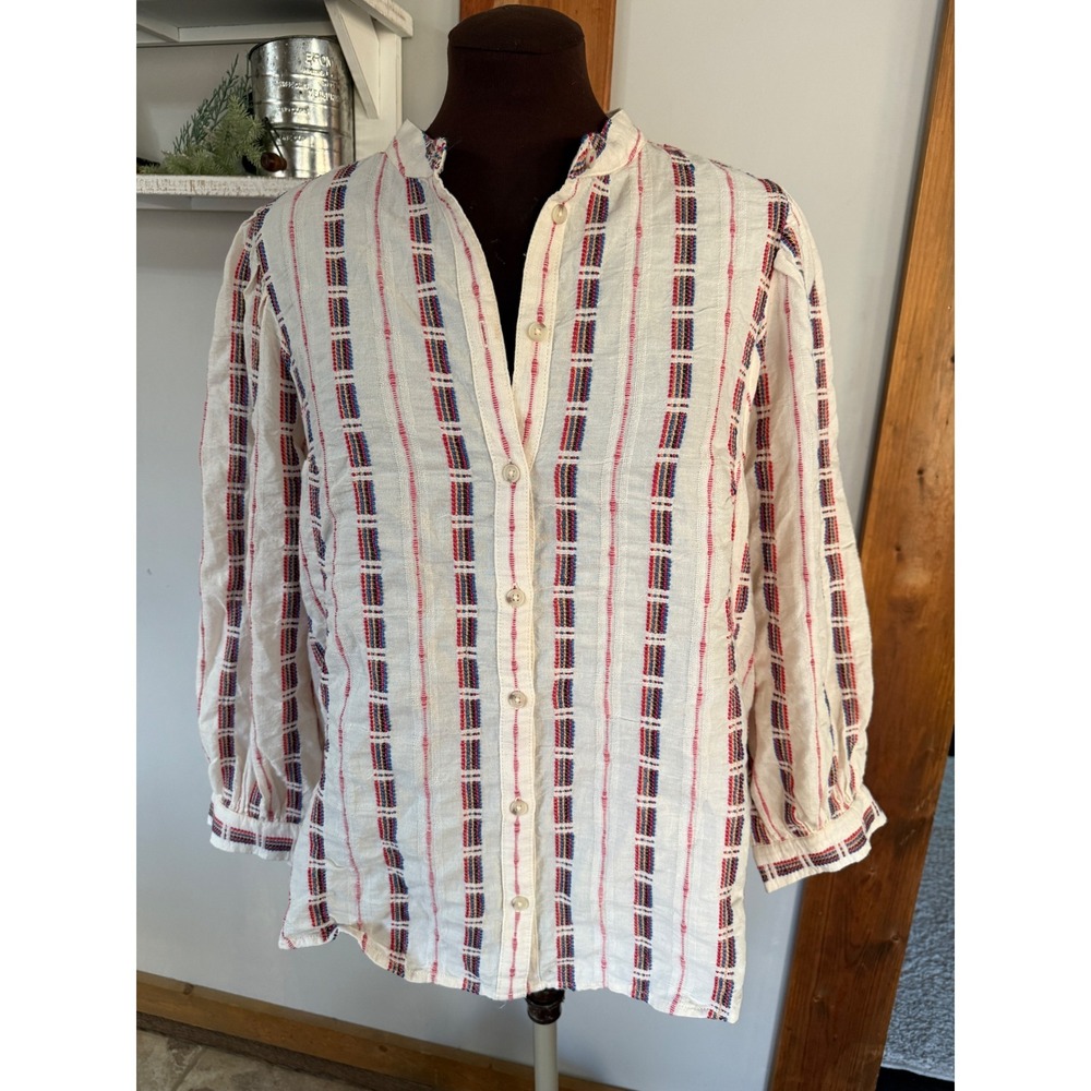Pilcro Bella Femme embroidered puff Sleeve Blouse Cream Red Blue Large button up